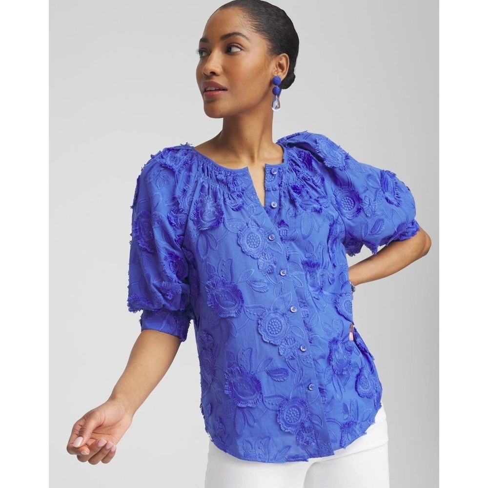 Chico's 3 Puff Sleeve Embroidered Blouse Blue Button Down Peasant Floral XL 16